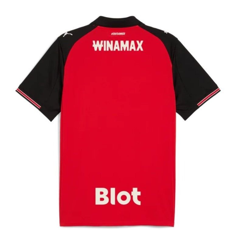 maillot-domicile-stade-rennais-saison-2025-2026-rouge-et-noir-football Camiseta primera equipación Stade Rennais temporada 2025 2026 roja y negra fútbol
