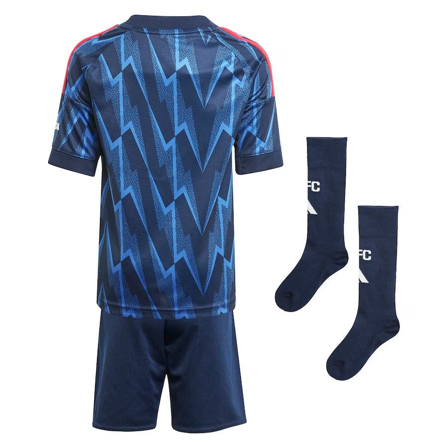 Camiseta niños Arsenal segunda equipación temporada 2025 2026 con pantalón corto y calcetines