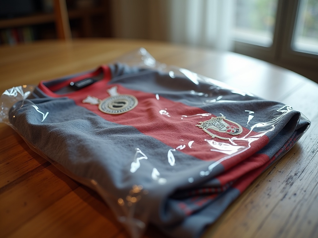 Maillot de foot contrefait reçu dans un sac plastique, badge mal aligné et tissu fin