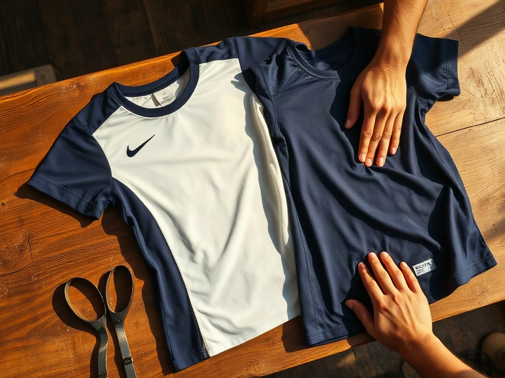 Comparativa de corte ajustado y corte fit-loose en camiseta de fútbol sobre mesa de madera