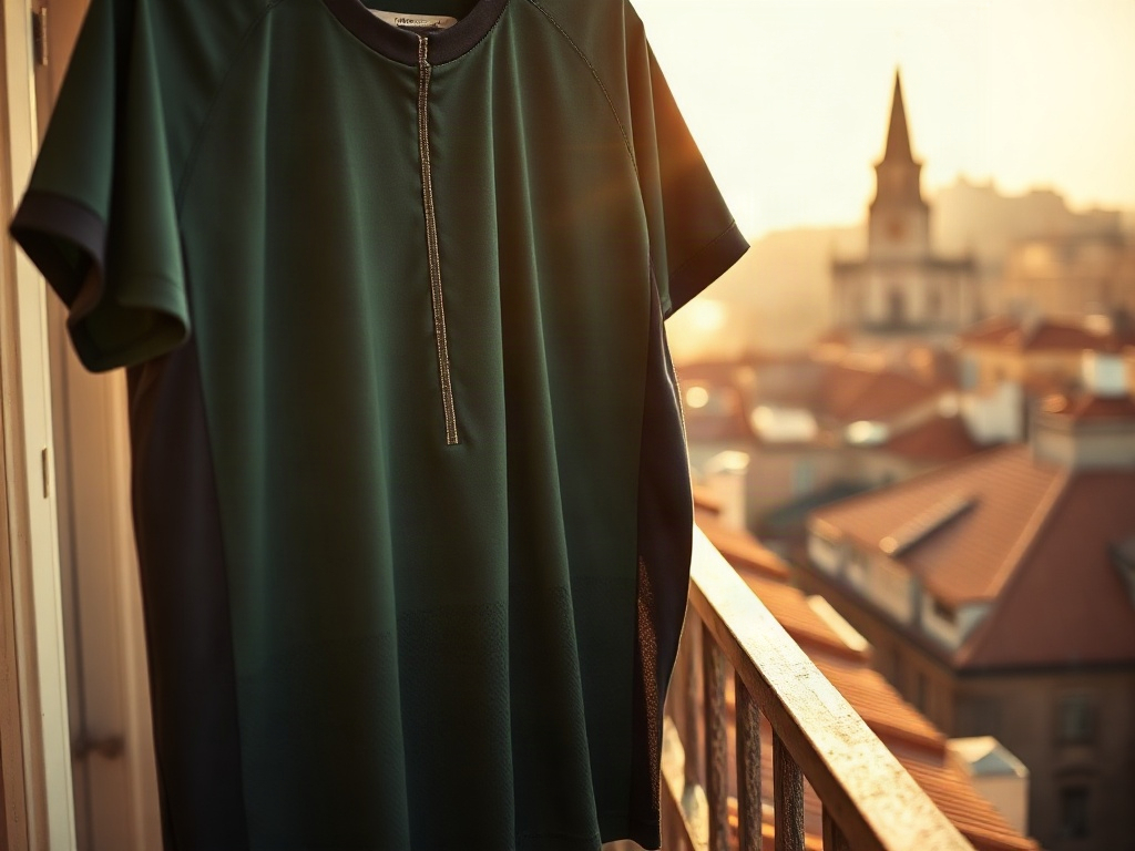 Camiseta de fútbol verde oscuro con paneles laterales en antracita colgada en balcón de Madrid