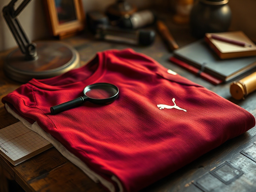 Vista detallada del bordado del logotipo Puma en una camiseta de fútbol auténtica, bajo luz lateral de escritorio