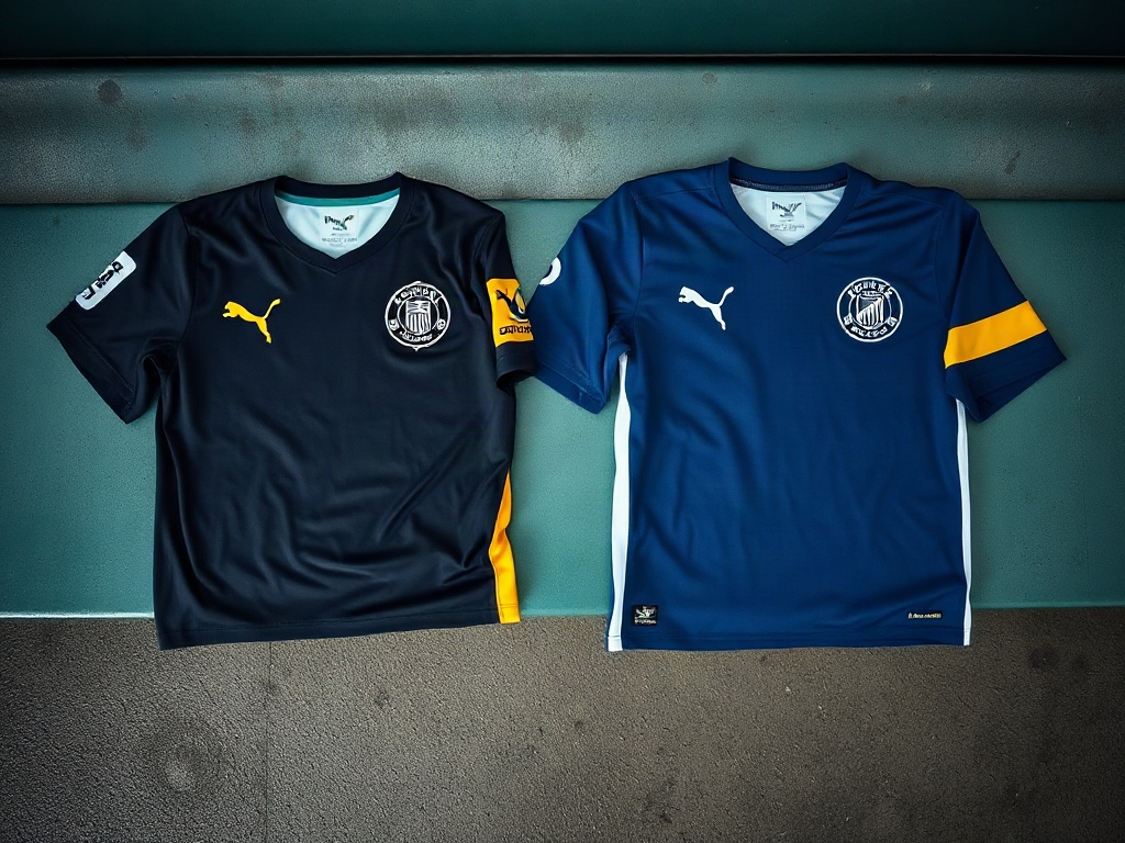 Comparativa de etiquetas interiores de dos camisetas Puma: original versus réplica, con diferencias tipográficas visibles