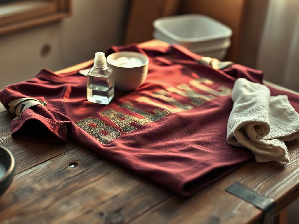 Materiales para lavar una camiseta de fútbol a mano: detergente suave, cubo y paño sobre mesa de madera