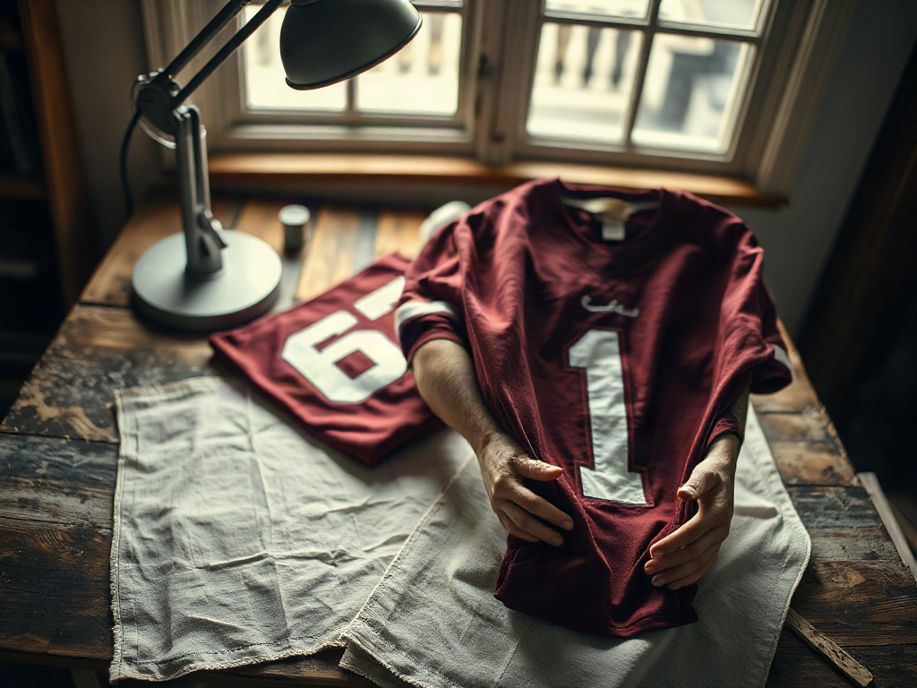 Comparación entre camiseta de fútbol con vinilo deteriorado y camiseta bien conservada sobre mesa de madera