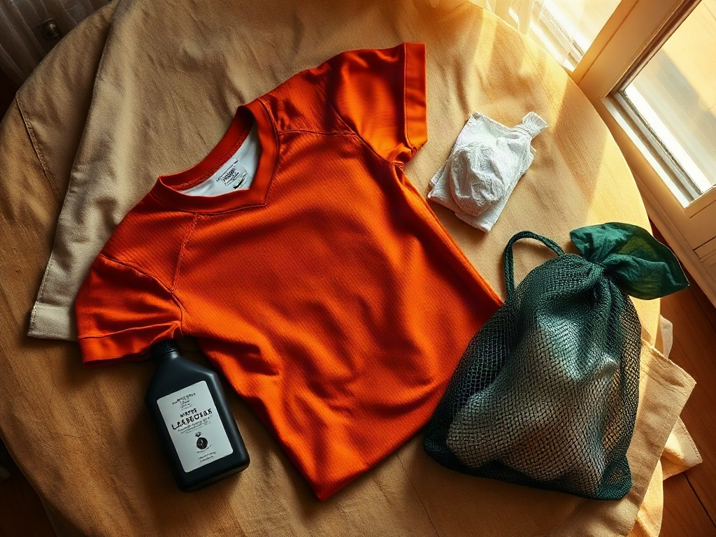 Camiseta de fútbol vuelta del revés junto a bolsa de malla y detergente suave para lavado correcto