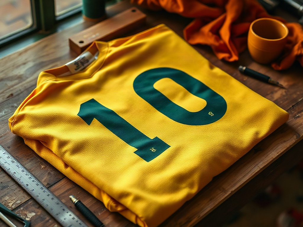Camiseta de Brasil con el dorsal 10 de Neymar sobre mesa de madera, detalle de textura y tipografía