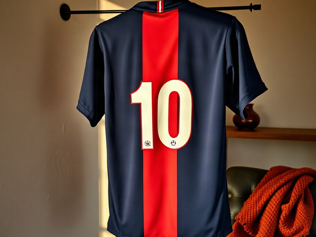 Camiseta del PSG azul marino con el número 10 de Neymar colgada en pared de cal cálida