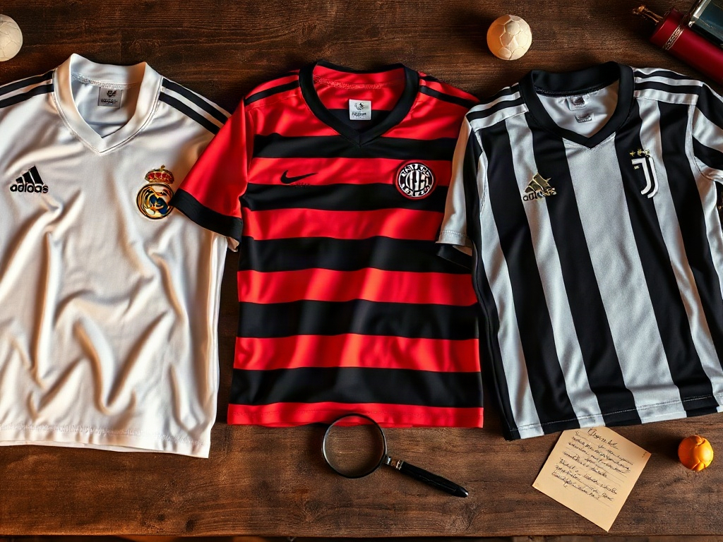 Comparativa de camisetas de fútbol europeas con y sin estrellas sobre el escudo, sobre mesa de madera de coleccionista