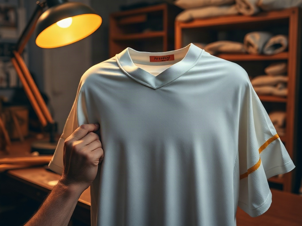 Manos examinando el área del escudo de una camiseta blanca sin estrellas bajo la luz de una lámpara de escritorio
