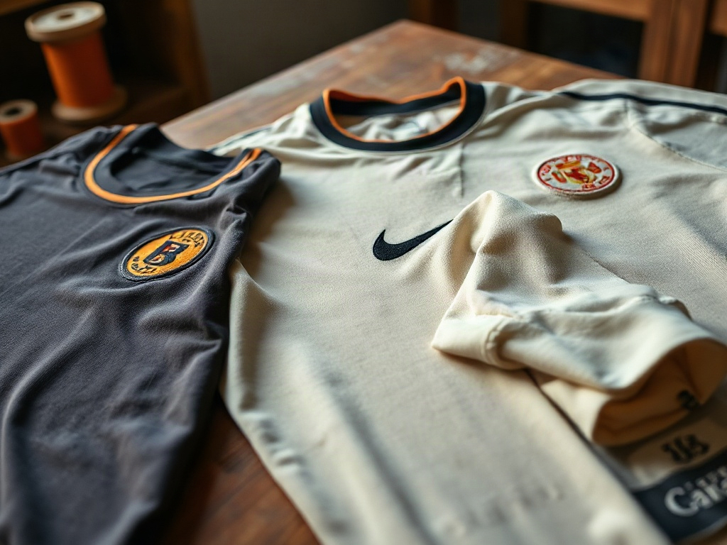 Tres camisetas de fútbol en diferentes rangos de calidad sobre mesa de madera, detalle de bordado en la premium