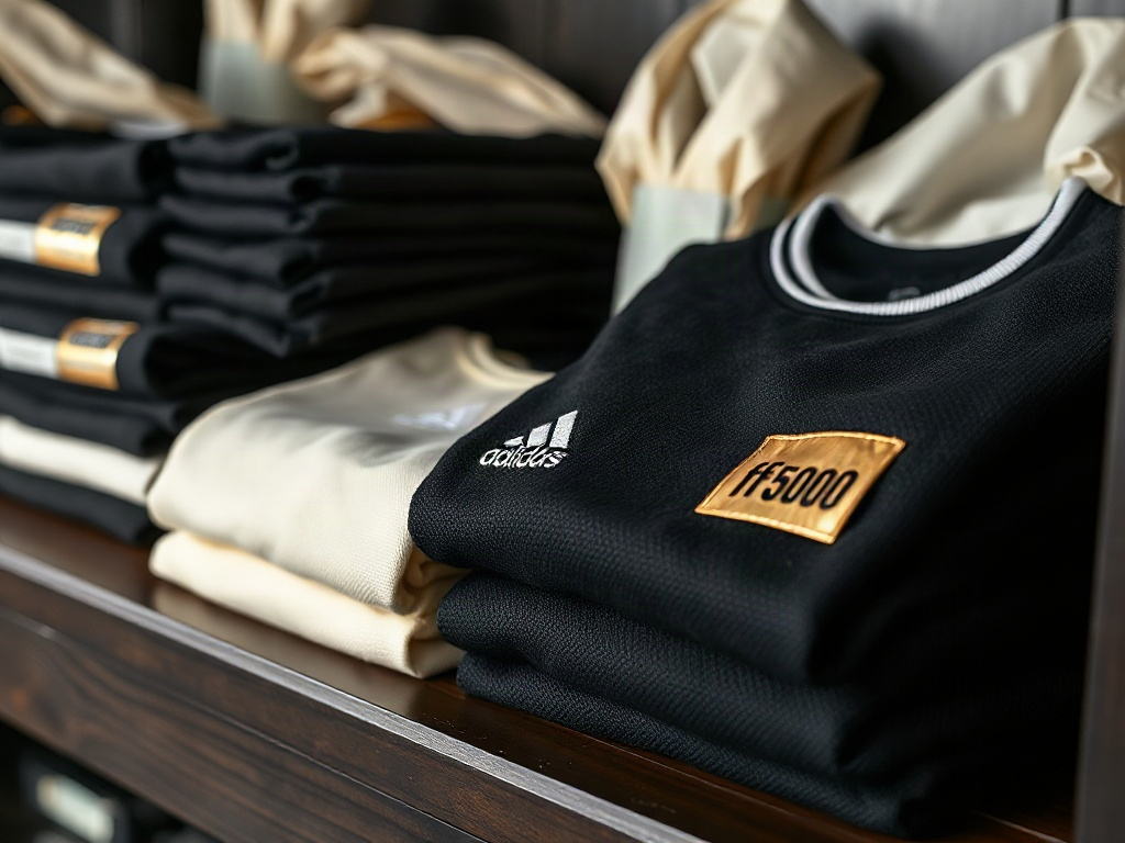 Estantería de coleccionista con camisetas Juventus dobladas y envueltas en papel de seda, una abierta mostrando el escudo bordado