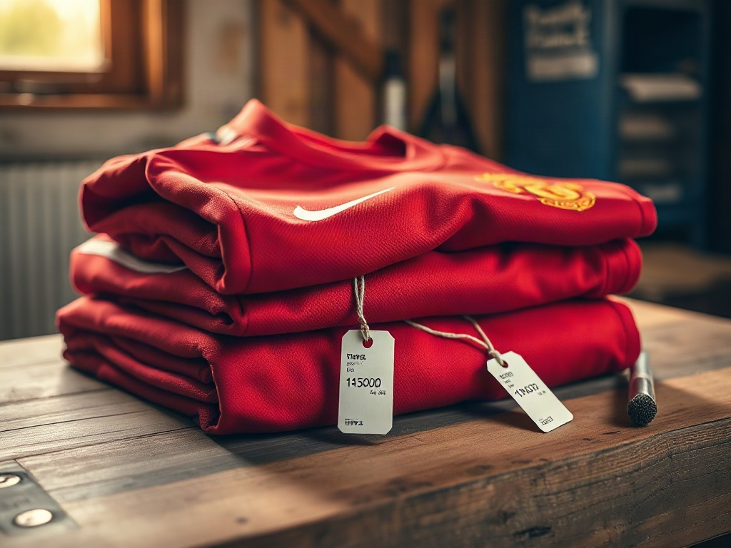 Tres tipos de camisetas de fútbol ordenadas por precio sobre una mesa de trabajo de madera