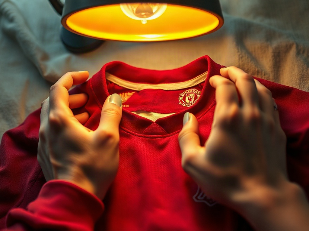 Manos examinando la etiqueta interior y el bordado de una camiseta de fútbol roja bajo luz de escritorio