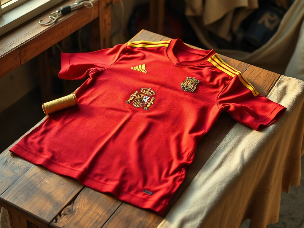 Camiseta de España con estrella dorada bordada sobre el escudo, vista de detalle sobre mesa de taller