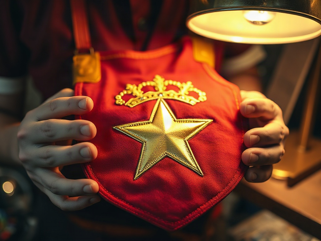 Detalle macro del bordado de la estrella dorada en el escudo de la camiseta de la selección española