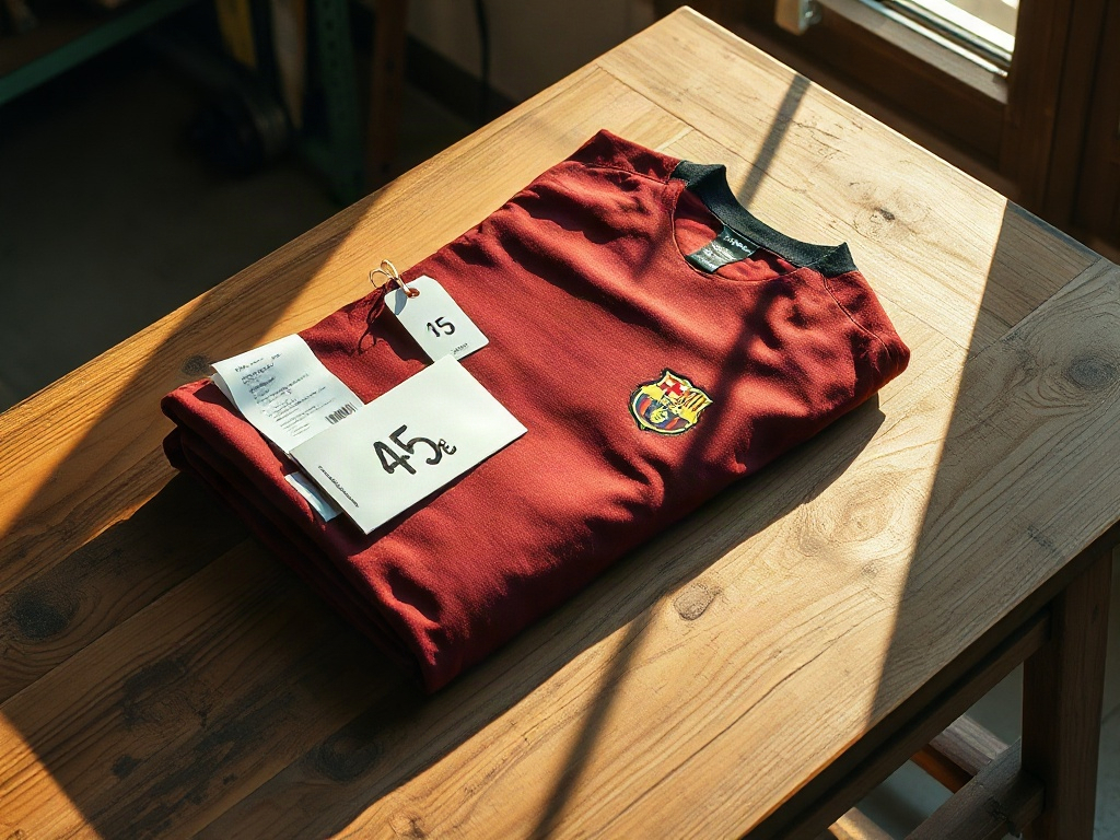 Camiseta oficial de fútbol en rebajas sobre una mesa de madera con etiqueta de precio
