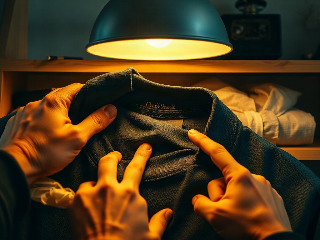 Manos examinando el bordado y la etiqueta interior de una camiseta de fútbol de segunda mano
