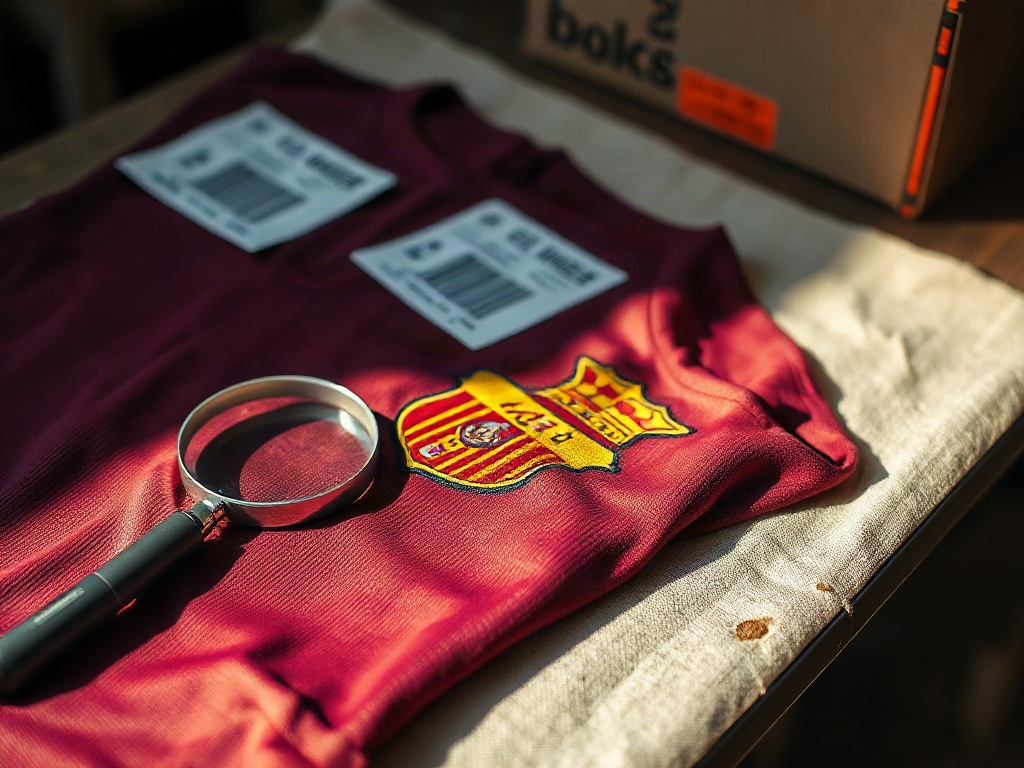 Camiseta de fútbol española sobre mesa de madera con detalle de bordado del escudo bajo luz natural