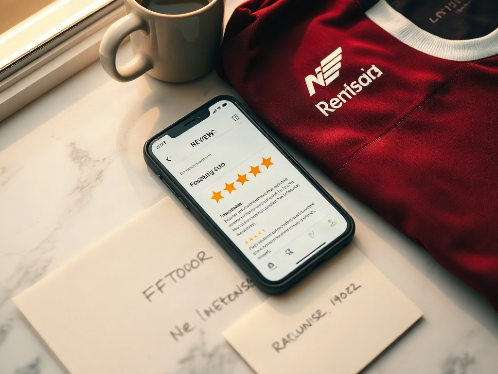 Smartphone con opiniones de tienda de camisetas online junto a una equipación de La Liga sobre superficie de mármol