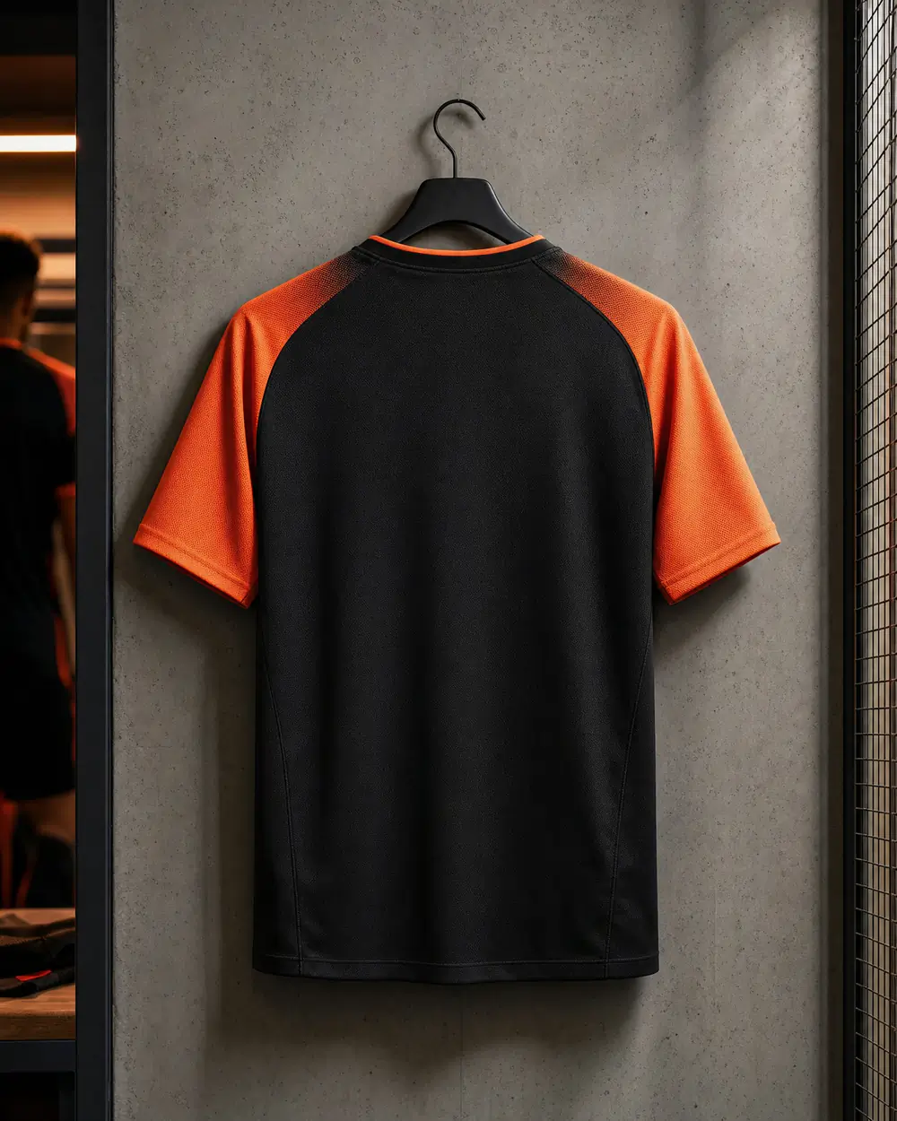Dorso de una camiseta de fútbol negra y naranja lista para personalizar con nombre y número