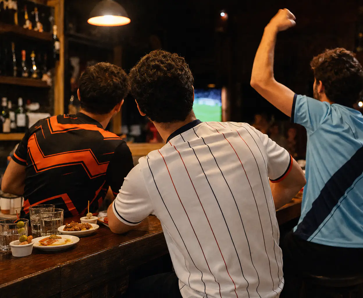 Amigos con camisetas de fútbol concept celebran un gol en un bar