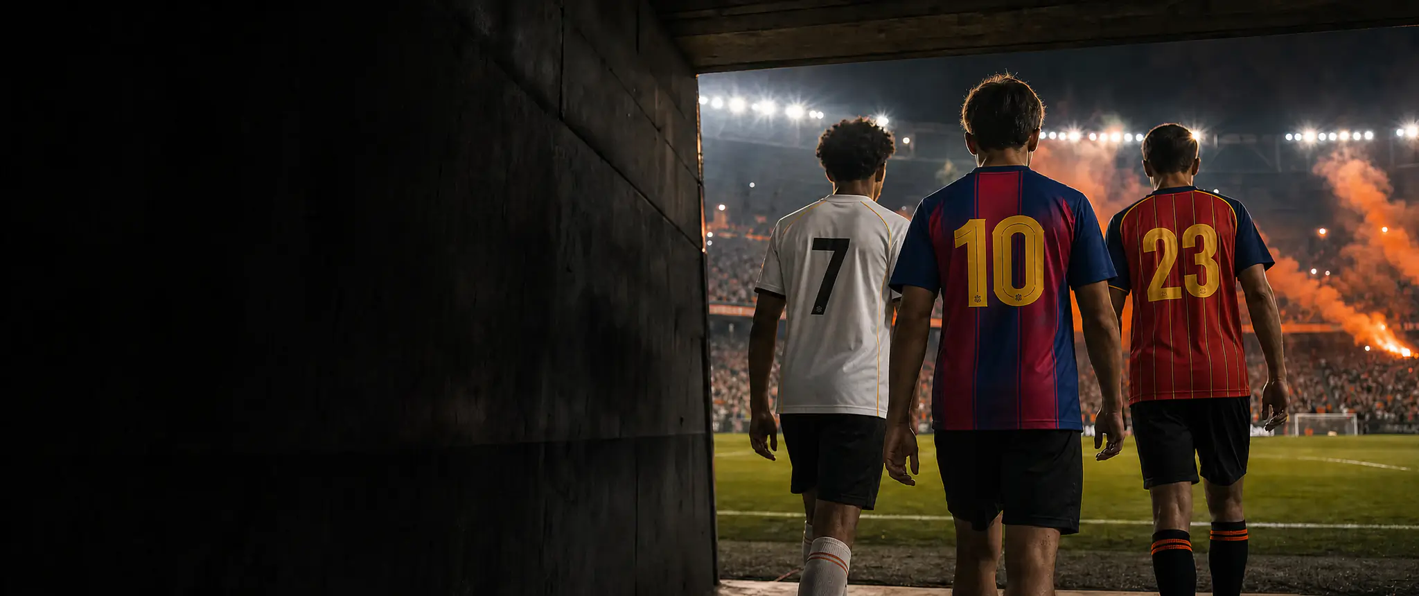 Tres jugadores de espaldas con las camisetas del Real Madrid, el FC Barcelona y España salen del túnel de un estadio de noche
