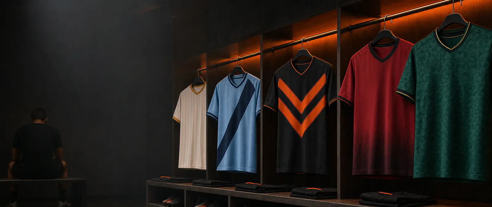 Camisetas de fútbol nuevas colgadas en un vestuario, temporada 2026/2027
